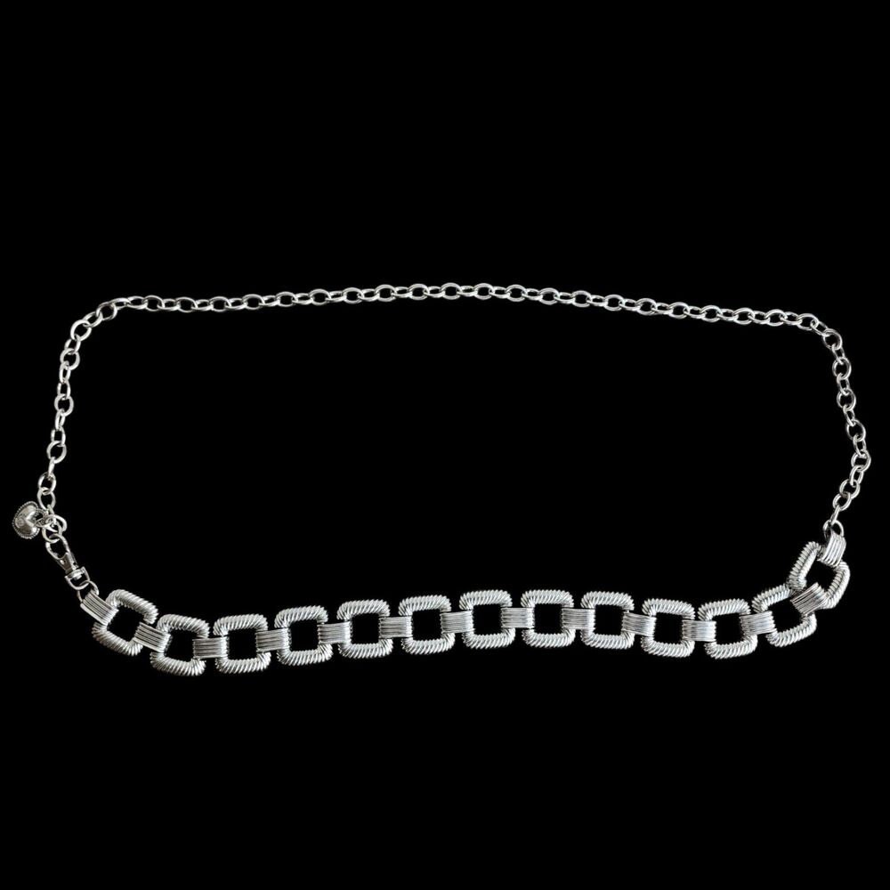 Silver Tone Square Link Chain Belt Necklace Heart Charm Y2K Style Chunky 49"